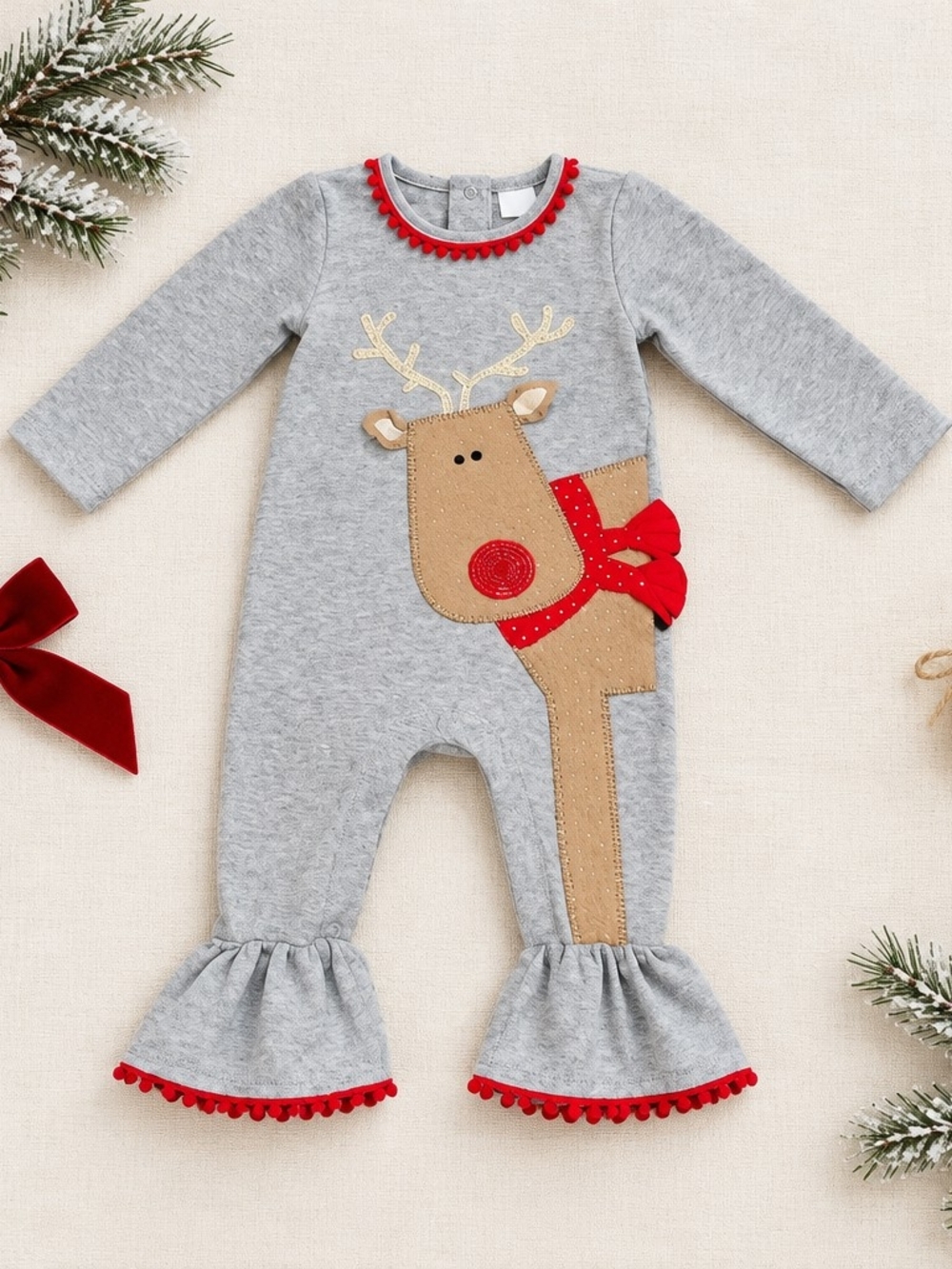 Mud Pie Gray Romper with Reindeer Appliqué and Red Trim Sz 0/6 Months